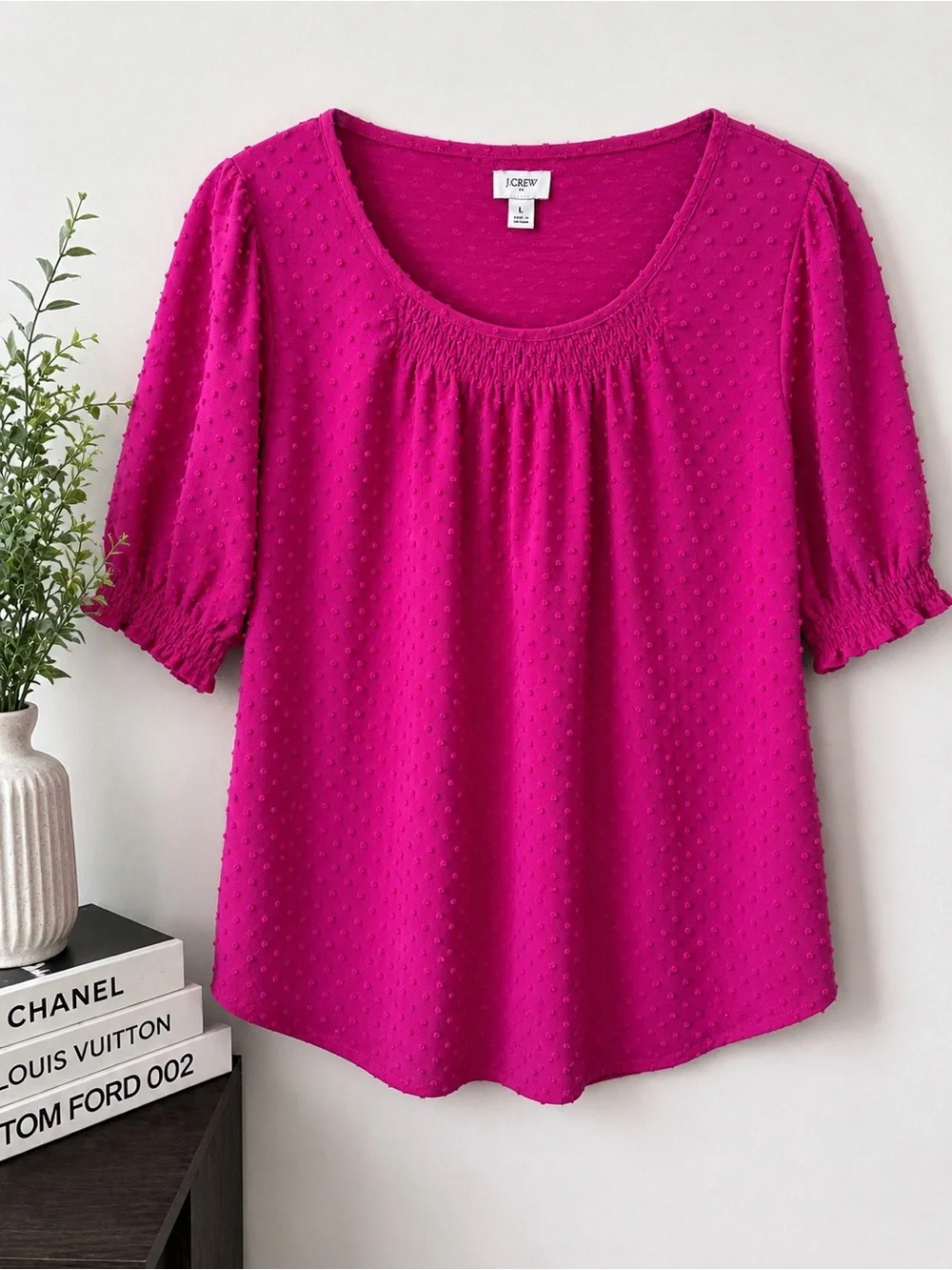 J. Crew Women's Textured Swiss Dot Scoop Neck Top Puff sleeve— Fuchsia